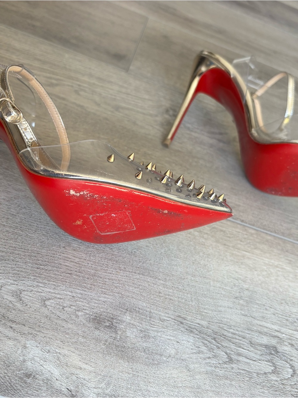 Christian Louboutin Clear PVC Pointed-Toe Slingbacks with Gold Spikes - Picture 4 of 6
